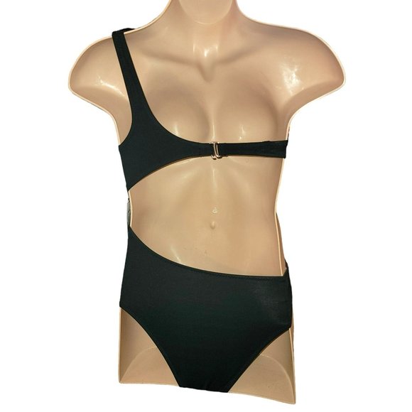 Shade & Shore Black Swimsuit Cheeky One Shoulder One Piece Bikini Medium Jj3400 - Picture 4 of 13